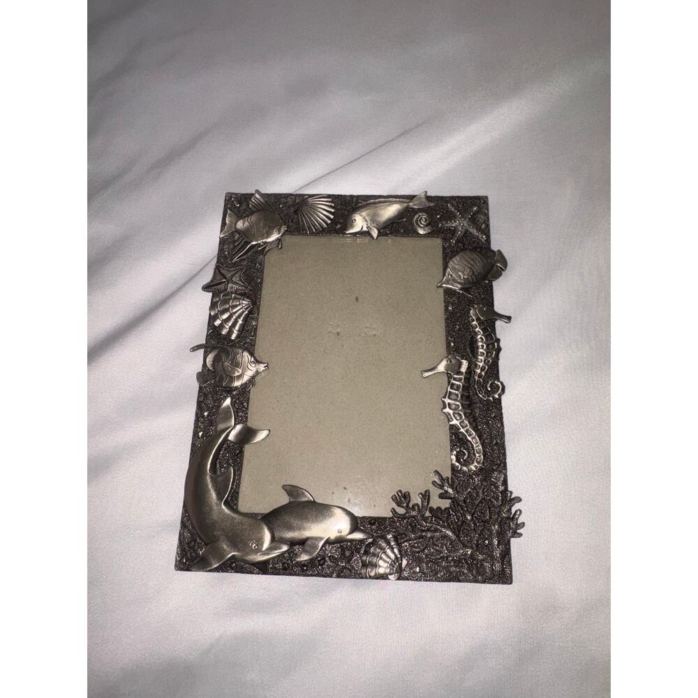 Heavy Cast Metal Ocean Marine Life Picture Frame Pewter Tone Dolphin Seahorse